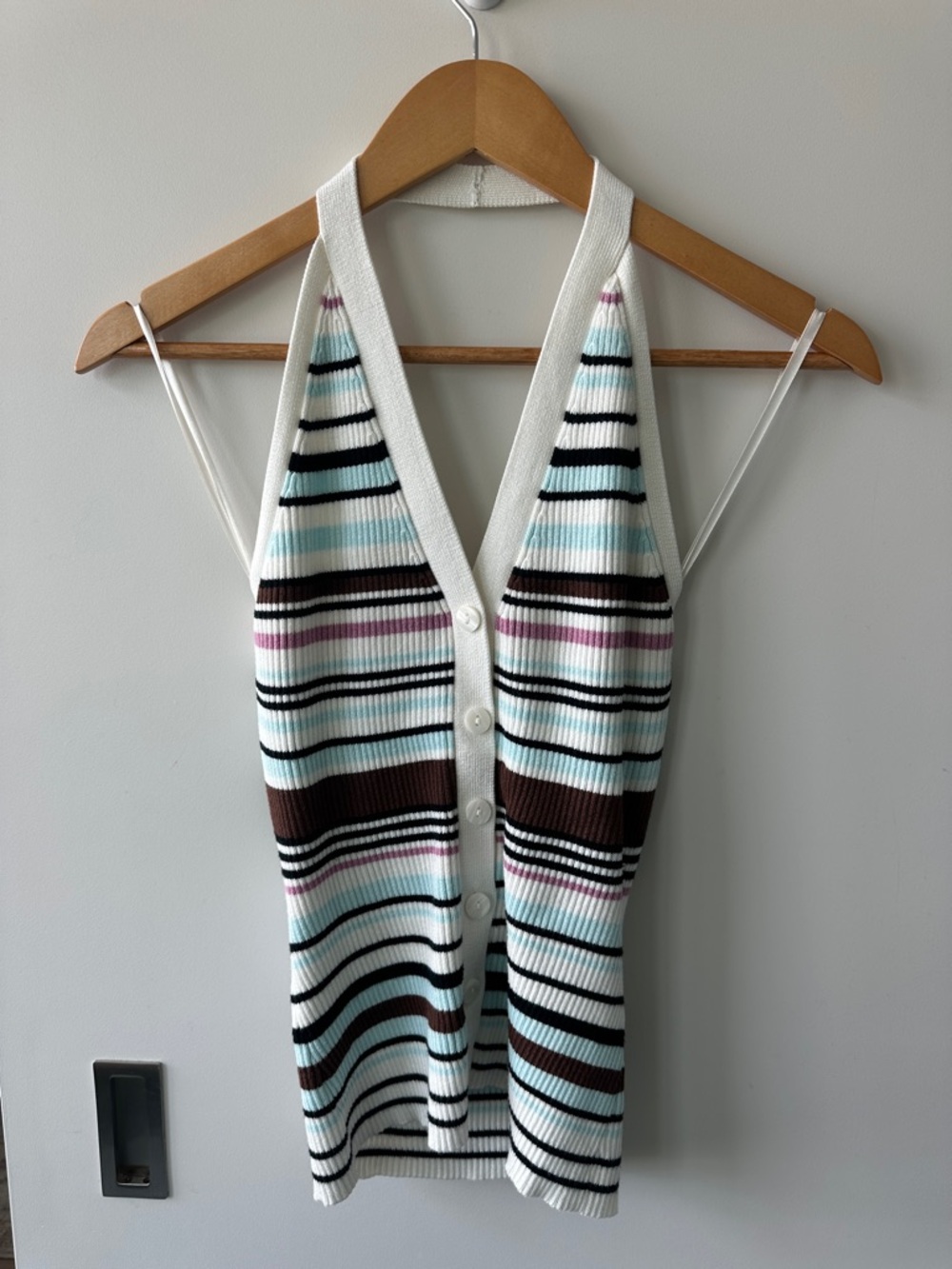 Abercrombie & Fitch White Striped V-Neck Button Tank with Mint, Pink & Brown